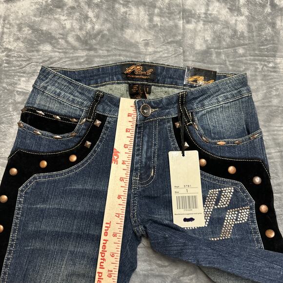 New Platinum Plush Embroidered Studded Straight Jeans Womens Size 1‎ Velvet Blue - Picture 4 of 10
